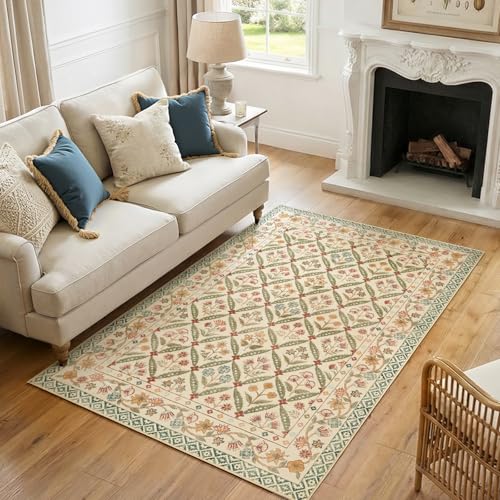 jinchan Haden 4x6 Floral Area Rug Vintage Cottage Decor Soft Non-Slip Low Pile Washable for Bedroom Dining Room Home Office Apartment Small Living Room Carpet Teal Blue - color: Teal Blue, size: 4' x 6' (Rectangular)