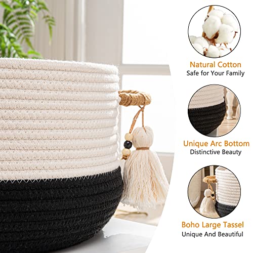 KAKAMAY Woven Baskets for Storage(16"x8"),Blanket Basket for Organizing Living Room,Cotton Rope Basket Woven Baby Laundry Hamper,Collapsible Laundry Room Organization,Clothes,Toy Chest(Black) - color: Black