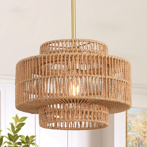 12.4" Rattan Pendant Light,1-Light Boho Chandelier Light Fixture Farmhouse Rattan Hanging Ceiling Lighting Fixture for Dining Room, Living Room, Kitchen Island, Bedroom, Hallway, Foyer - size: 12.4″ Brown