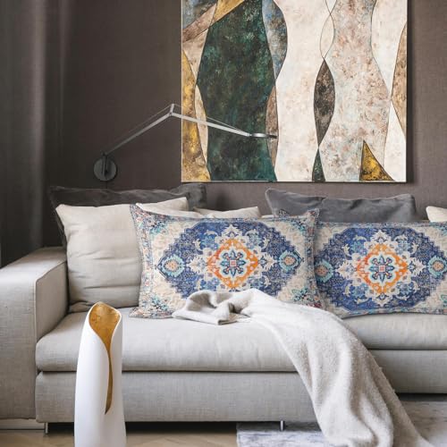 Snycler Blue Boho Throw Pillow Covers Set of 2 Monaco Rug Carpet Double Sided Pattern Cotton Soft Pillow Case Cushion Cover Pillowcase for Garden Couch Sofa Bed Decorative 12x20 inch - color: Blue, size: 20" x 12" (Pack of 2)
