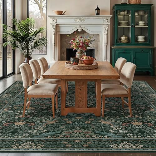 8x10 Floral Washable Area Rug for Living Room, Vintage Boho Large Rugs for Bedroom Dining Room, Botanical Birds Non Slip Low Pile Forest Throw Carpet for Farmhouse Office, Retro Green/Blue - color: Dark Green (Larger Pattern), size: 8' x 10' (Rectangular)