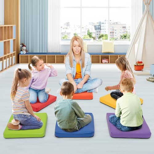 HONEY JOY 6PCS Floor Cushions for Kids, 16" Length Flexible Alternative Portable Classroom Seating with Handles, Easy to Clean, Thick Soft Foam Comfy Square Seats for Daycare Preschool, Colorful