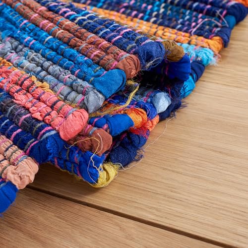 SAFAVIEH Rag Rug Collection Accent Rug - 3' x 5', Blue & Multi, Handmade Boho Stripe Cotton, Ideal for High Traffic Areas in Entryway, Living Room, Bedroom (RAR240B)