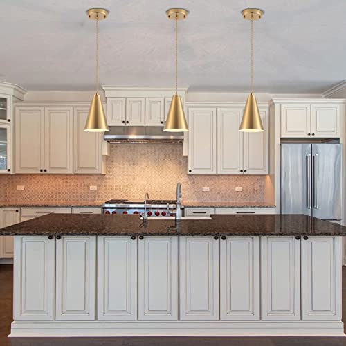 Dijiahua Brass Pendant Lights Kitchen Island,Gold Dining Room Light Fixtures Over Table with Cone Metal Shade, Modern Vintage Mini Chandeliers,Adjustable Cord Hanging Lighting for Bar,Sink.(1 Pack) - color: 1Pack Gold