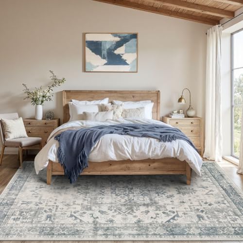 Rugxara Area Rugs 5x7, Washable Rugs for Living Room, Vintage Boho Light Blue Rug for Office, Dining Room, home decorKids Room and Farmhouse,Home Decor Durable Low Pile Non-Slip for High Traffic Areas - color: Blue & Grey, size: 5' x 7' (Rectangular)