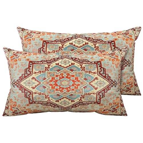 Boho Soft Velvet Throw Pillow Covers 12x20 in Vintage Persian Aztec Rug Tribal Pattern Pillowcases, Antique Ethnic Decor, Geometric Pattern Cushion Cover for Sofa Living Room, Orange, 2 Pack - color: Orange, size: 20" x 12" (Pack of 2)