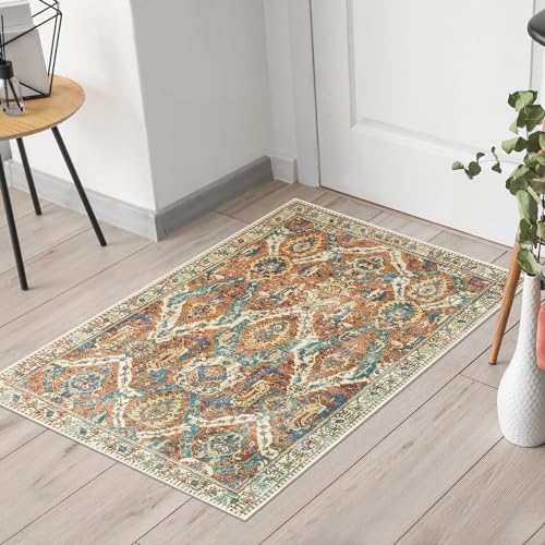 Keen Home Design 2x3 Rug - Machine Washable Entry Rug with Non-Slip Backing, Ideal for Enteryway, Kitchen, Bathroom, Laundry Room - Vintage, Easy Clean, Durable, Low Pile Rug - (2' x 3') - color: Blue / Earth Brown, size: 2' x 3' (Rectangular)