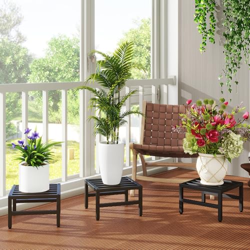 IBUYKE 3 Pack Metal Plant Stand Indoor Outdoor, Heavy Duty Small Flower Pot Stand, Modern Square Plant Shelf Flower Stand for Living Room Patio Balcony Garden, Black TMJ075B-3 - size: 12inch-3 Pack