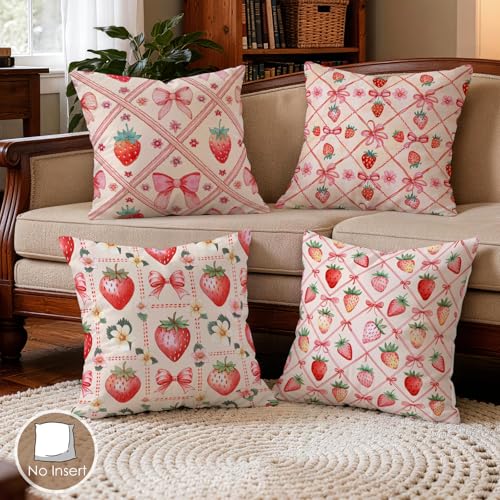OBSEDE Pink Bow Strawberry Throw Pillow Covers 18 × 18 in, Set of 4, Couch Cushion Cases Inserts for Sofa Bed Living Room Home Decor, Single Side Print - color: Blush Ribbon Berry Illustration, size: 18" x 18" (Pack of 4)
