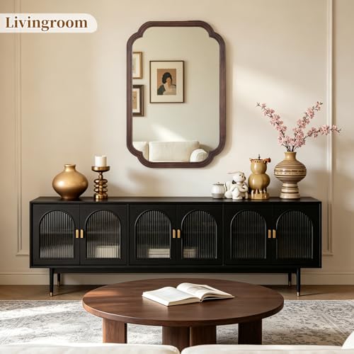 HOMECOOKIN Wood Bathroom Mirror for Wall Decor Arched Rounded Corner Rustic Wood Frame Wall Mirror Home Decorative for Vanity, Living Room, Bedroom, Entryway (20 x 30 inch, Walnut) - color: Walnut, size: 30"L x 20"W