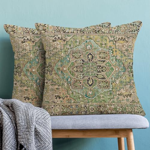 Boho Pillow Covers 18x18 Set of 2 Ethnic Sage Green Carpet Throw Pillow Covers Bohemian Style Vintage Rug Pillowcase Farmhouse Linen Cushion Case for Home Sofa Couch Outdoor Decor - color: Boho-green-b, size: 18" x 18" (Pack of 2)
