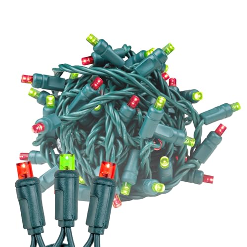 Novelty Lights 25ft 50 LED Lime Green/Red Christmas Lights Outdoor/Indoor, 6" Spacing, Green Wire String Lights for Festive Xmas Lighting, IP55, UL Listed, Dimmable, Connectable - color: Lime/Red