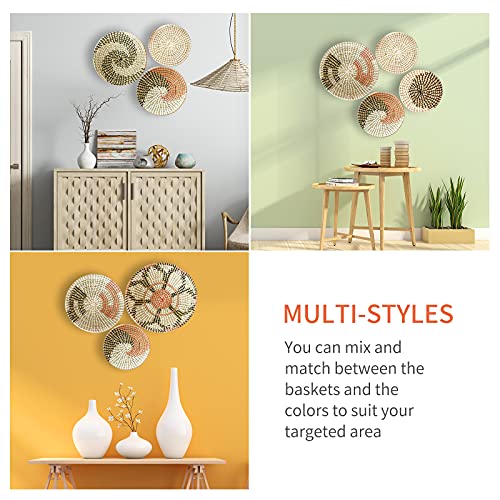 Boho Wall Basket Decor Set of 6 - Hanging Woven Basket Wall Decor, Handcrafted Round Flat Seagrass Baskets Wall Art, for Modern、Farmhouse、Home - Unique Modern Wall Basket Decor - style: Modern Classics