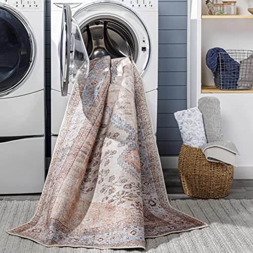 Hauteloom Stella Boho Vintage Area Rug - Farmhouse Traditional Medallion Carpet for Living Room, Bedroom - Machine Washable - Tan, Pink, Peach, Sage, Blue, Cream - 6'7" x 9' (6x9) - color: Aqua, Black, Blush / Moora, size: 6'7" x 9' (Rectangular)