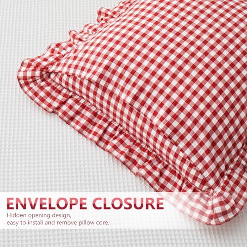 KKJIAF Ruffle Gingham Pillow Covers 24 x 24 Inches, Cotton Gingham Pillow Cases Set of 2, Linen Feel Ruffled Plaid Pillow Shams with Envelope Closure for Sofa Bed (Red/White Plaid) - color: Black Plaid, size: 24" x 24" (Pack of 2)