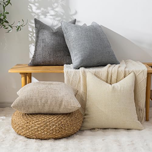 Pack of 4 Throw Pillow Covers 18x18 inch Beige Dark Gray Boho Cushion Covers Decorative Farmhouse Pillow Covers for Couch Bed Sofa Living Room Home Decor Soft Square Pillowcase - color: Beige/Dark Gray, size: 18" x 18" (Pack of 4)