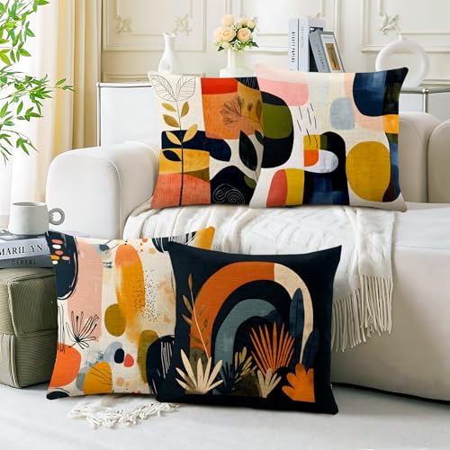 BVBOX Set of 4 Linen Throw Pillow Covers 18"x18", Soft Flax Scandinavian Abstract Boho Decorative Pillow Cases, Double-Sided Abstract Botanical Pillow Covers for Bed, Sofa, Couch, Living Room, Bedroom - color: Colorful Geometry 1