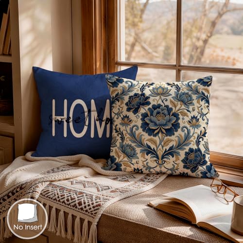 OBSEDE Love Lives Here Decorative Throw Pillow Covers 18x18 Set of 4 Navy Blue Floral Faux Linen Cushion Cases Single-Sided Print Square Accent Pillows for Couch Sofa - color: Love Lives Here