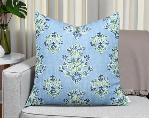 VAGMINE Coastal Block Print 20x20 Inch Throw Pillow Cover - Chambray Blue Buti Motif Pattern on Textured Polyester - Cushion Case for Couch Sofa - Chaman Floral - color: Chaman Floral, size: 20" x 20" (Pack of 1)