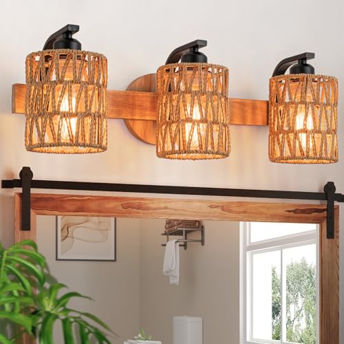 Boho Vanity Light Fixtures,Bathroom Lights Over Mirror,Rustic Rattan Wall Sconce with Woven Cage,3-Light Boho Wall Mounted Light Wooden Farmhouse Vanity Lighting for Bedroom Hallway Living Room Foyer - color: Cylinder shade