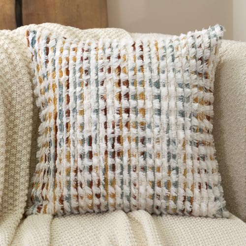 Aeckself Boho Chenille Tufted Pillow Cover 18 x 18 Inch, Decorative Square Throw Pillow Cover Neutral Pillowcase for Couch Bedroom Living Room, Orange White - color: Orange White, size: 18" x 18" (Pack of 1)