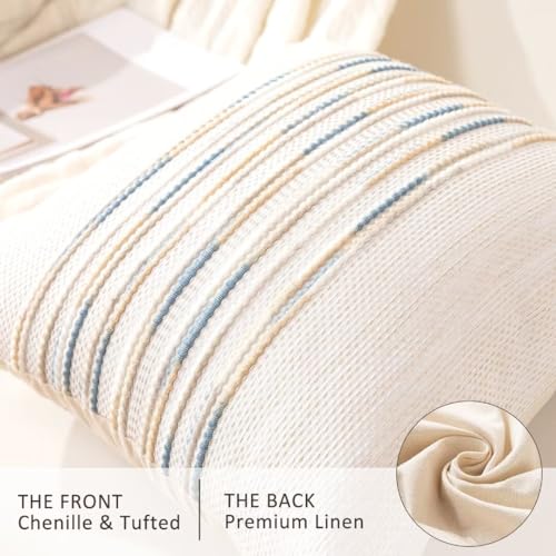 Boho Throw Pillow Covers 18x18 Set of 2 Farmhouse Decorative Cushion Case Striped Square Pillows Cover Chenille Pillow Cases Accent Neutral Pillowcase for Sofa Couch Bed,Yellow-Blue - color: Yellow-blue Stripe