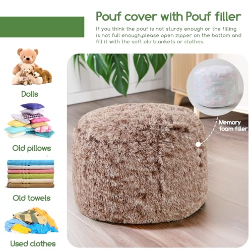 HIGOGOGO Round Stuffed Pouf Ottoman, Long Faux Fur Poufs with Foam Chunk Filling, Fluffy and Furry Pouf Foot Stool Storage Ottoman, 20 X 15 Floor Poufs Foot Rest for Living Room, Snow Coffee - color: Brown, size: 20"D x 20"W x 15"H