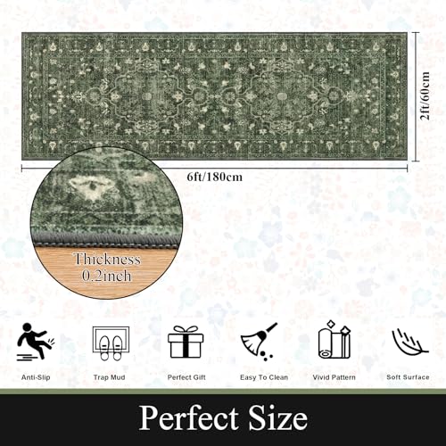 U'Artlines 2' x 6' Boho Hallway Runner Rug Vintage Farmhouse Non Slip Soft Washable Accent Runner Carpet for Kitchen, Entryway, Laundry, Living Room(Dark Green) - color: Dark Green, size: 2' x 6' (Runner)