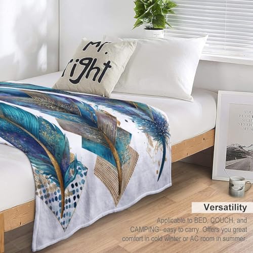 Blanket Bohemian Feather Leaf Throw Blanket for Women Men, 60"x80" Vintage Gold Geometry Plush Flannel Throws, Decor for Bed Couch Bedroom - color: Bohemian Feather Leaf, size: 60"x80"