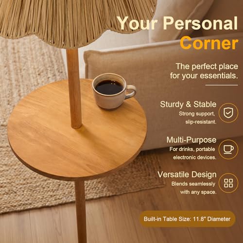 Oneach 63.5" Floor Lamp with Table for Living Room, Boho Rattan Standing Lamps with Foot Switch, Farmhouse Floor Lamp for Bedroom, Arc Tall Lamp with Metal Base&Pole, Bulb not Included, Woodgrain - color: Woodgrain