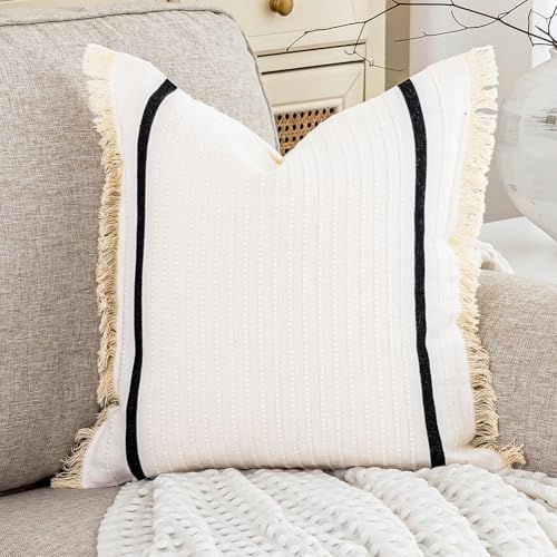 CARRIE HOME Modern White Cotton Striped Throw Pillow Cover 20x20 with Tassels 1 Pack, Cream Neutral Boho 20 x 20 Throw Pillow Cover， White Decorative Pillows for Bed Couch Sofa (No Pillow Inserts) - color: White (With Tassels), size: 20" x 20" (Pack of 1)