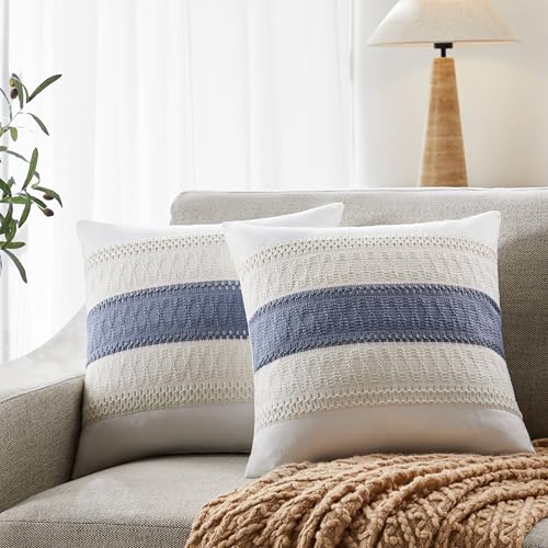 Soft Cotton Boho Throw Pillow Covers Set of 2, Natural White/Contrast Blue 16x16 Inch, Blue Farmhouse Decorative Cushion Covers for Sofa Bed Living Room Home Decor - color: Natural White/Contrast/Blue, size: 16" x 16" (Pack of 2)