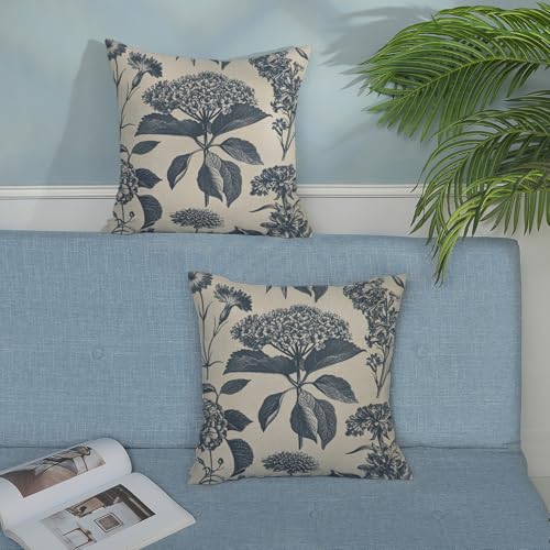 Navy Blue Pillow Covers 16x16 Inch 2 Pcs Boho Vintage Floral Decor Throw Pillows Hydrangea Flower Seasonal Outdoor Farmhouse Neutral Accent Decoration Pillowcase Linen Cushion Cover for Couch - color: Boho Blue Hydrangea, size: 16" x 16" (Pack of 2)
