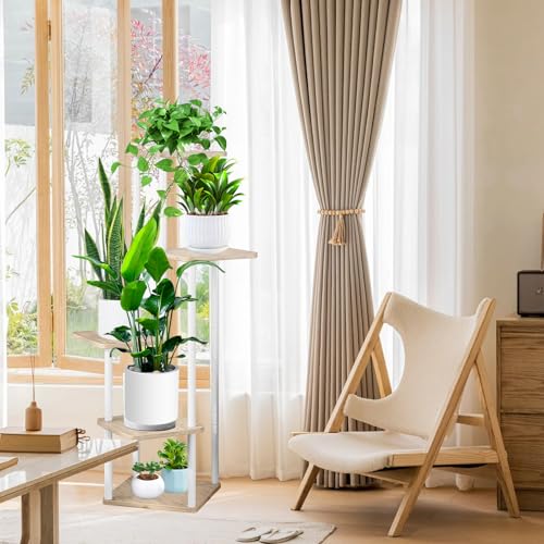 5 Tier Plant Stand Indoor, Thickened Metal Wood Corner Plant Shelf Stands for Multiple Plants, Indoor Tall Plants Stand Tiered Flower Holder for Living Room Patio Garden Balcony(White+Oak) - color: White+Oak, size: 5 Tier
