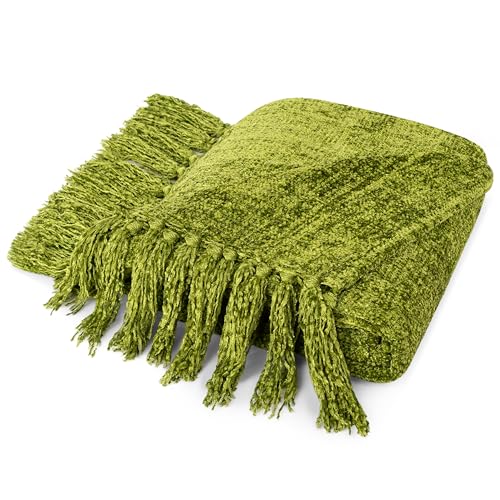PAVILIA Olive Green Blanket for Couch, Twin Size Bed, Chenille Throw for Sofa Bed, Soft Knit Woven Blanket with Decorative Tassel for Living Room, Olive Green Twin 60x80 - color: Olive, size: 60 X 80 Inches - Twin