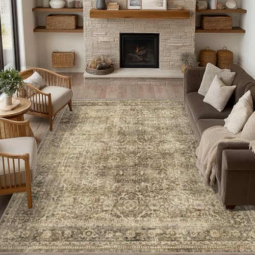 FMFUNCTEX 6x9 Washable Area Rug Brown Vintage Neutral Distressed Large Non Slip Carpet for Living Room Bedroom Soft Low Pile Indoor Mat Retro Floral Throw Rug for Dining Room Kitchen Office Nursery - color: Brown, size: 6' x 9' (Rectangular)