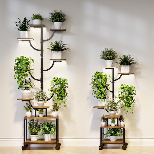 Plant Stand Indoor with Grow Lights - 7-Tier Plant Stand with Wheels, Tall Metal and Wood Indoor Plant Shelf with Tree Design, Rolling Flower Pot Holder Rack with Waterproof Finish, Adjustable Display Stand for Home Garden, Patio, 41" Tall - size: 41in