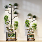 Plant Stand Indoor with Grow Lights - 9-Tier Plant Stand with Wheels, Tall Metal and Wood Indoor Plant Shelf with Tree Design, Rolling Flower Pot Holder Rack with Waterproof Finish, Adjustable Display Stand for Home Garden, Patio, 62" Tall - size: 62in