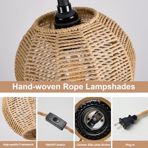 3 Lights Plug in Pendant Light with Cord On/Off Switch Rattan Hanging Lamp with 22ft Hand Woven Wicker Plug in Chandelier Boho Hanging Lights Fixture for Bedroom Kitchen Hallway Foyer - size: Plug 3 Lights Round