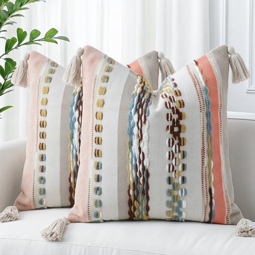 PANOD Chenille Farmhouse Throw Pillow Covers 16 x 16 Red Brown, Neutral Boucle Couch Pillow Cover, Striped Decorative Boho Coushion Cover Pillow Case for Couch Bed Sofa Bedroom,Modern Accent,Set of 2 - color: Red Tone, size: 16" x 16" (Pack of 2)