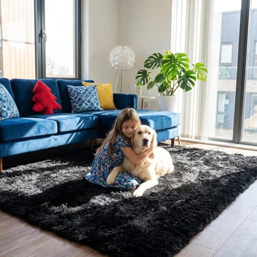 Mugorn Black Rugs for Bedroom, 3x5 Feet Fluffy Area Rugs for Living Room, Soft Shag Kids Rug Small Carpet for Nursery, Bedside, Indoor, Dorm Decor (3ft x 5ft, Black) - color: Black, size: 3ft X 5ft