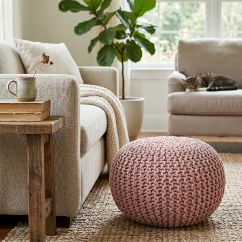 BIRDROCK HOME Round Pouf Ottoman Foot Rest - 18.5”x18.5”x15” Boho Compact Comfortable Soft Cotton Braided Foot Stool with Bean Bag Filling for Living Room, Bedroom, or Nursery (Dusty Rose) - color: Dusty Rose