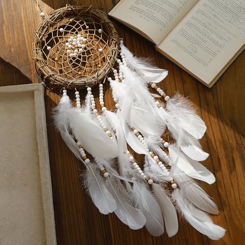 Dream Catcher Native American Boho Dreamcatcher White Wall Decor, Handmade Rattan Natural Goose Feathers Wall Hanging Art Piece Indian Room Decor for Bedroom Living Room Wedding - color: White