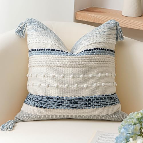 BlissBlush Coastal Blue Boho Decorative Throw Pillow Cover 20x20 Modern Bohemian Accent Pillow Case Square Woven Textured Farmhouse Pillows for Couch Bed (Pack of 1) - color: Coastal Blue, size: 20" x 20" (Pack of 1)
