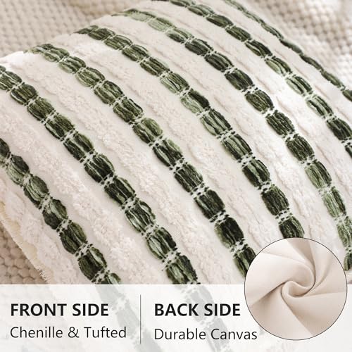 LUOYEHK Chenille Striped Throw Pillow Covers 18x18 Inch Set of 2 Boho Decorative Pillowcases with Fringe Farmhouse Neutral Green and Beige Cushion Covers for Couch Sofa Bed Living Room - color: Green and Beige, size: 18" x 18" (Pack of 2)