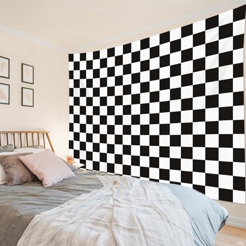 HVEST Retro Checkered Tapestry Black and White Checkered Grid Pattern Tapestry Wall Hanging Vintage Checkerboard Plaid Wall Art for Bedroom Living Room Dorm Decor, 51L x 59W Inches - color: Black, size: 51"L x 59"W