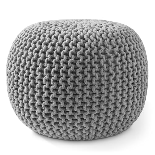 Casafield Round Pouf Ottoman, Light Gray - 20" Diameter x 14.5" High Cotton Knit Foot Stool - Boho Floor Pouffe for Living Room, Bedroom, Home Office - color: Light Gray, size: 20"D x 20"W x 14.5"H