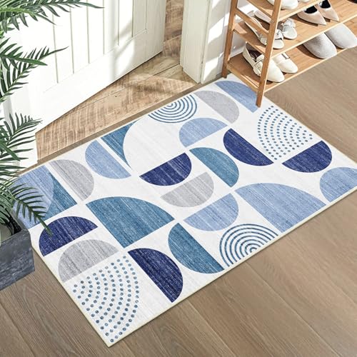 MUJOO Blue Small Rug Washable,2x3 Area Rugs for Entryway Bathroom Entry Entrance Bedroom Kitchen,Front Door Mat Boho Throw Carpet Non Slip Indoor Soft Modern Abstract Navy Blue - color: Blue and Grey, size: 2' x 3' (Rectangular)