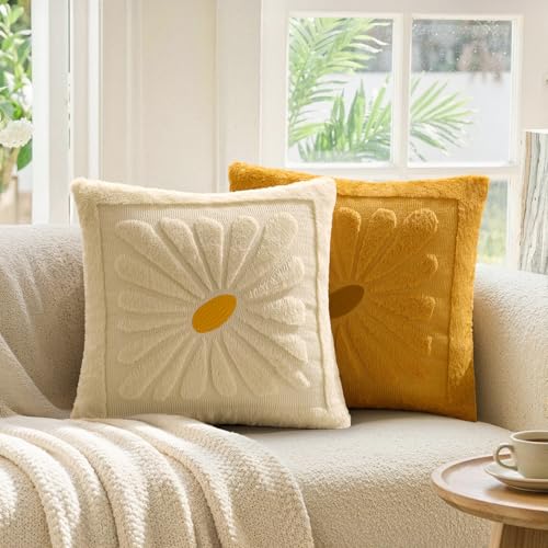 EMEMA Set of 2 Spring Summer Sunflower Floral Pillow Covers, Plush Faux Fur Decorative 18x18 Cushion Cases Adding a Soft, Bright Seasonal Accent to Sofa Couch Bed Modern Farmhouse Living Room, Beige - color: Beige, size: 18" x 18" (Pack of 2)