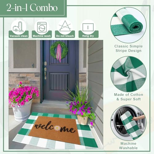 2 Pcs Door Mat Combo Set Layered Outdoor Rug and Coir Welcome Doormat Non Slip Floor Mat for Front Porch Entryway Outside Indoor Decor(Green Daisy,24'' X 35'',24'' X 16'') - size: 24'' X 35'',24'' X 16''